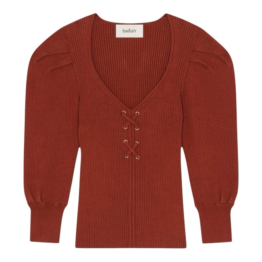 New BA&SH Boby Lace-Up Ribbed V Neck Sweater Brick Red Orange